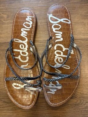 Sam Edelman Brown Croc-Embossed Strappy Slide Sandals with Snake-Print Straps
